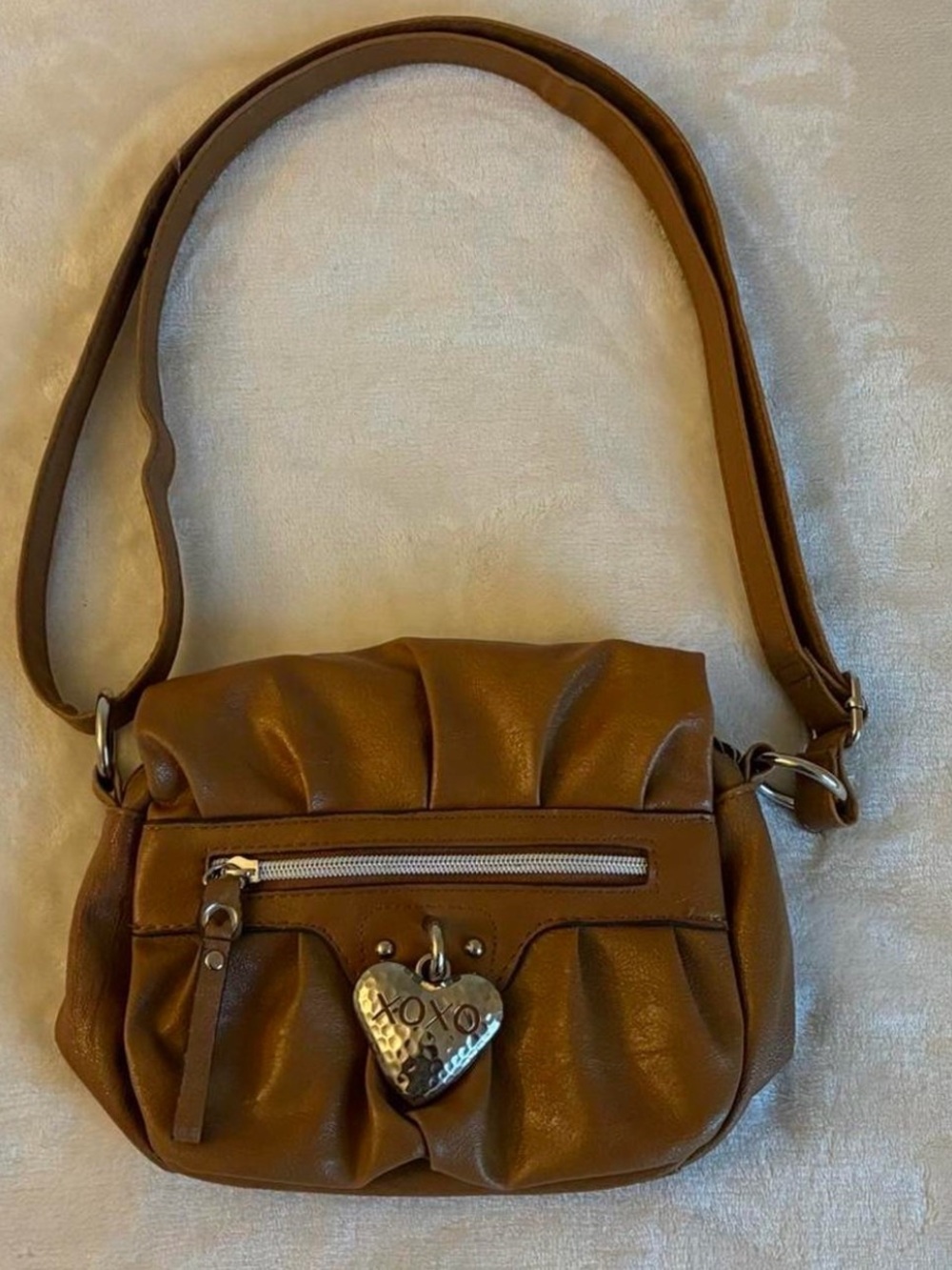 Rare XOXO Tan Pleated Shoulder Bag with Heart Charm